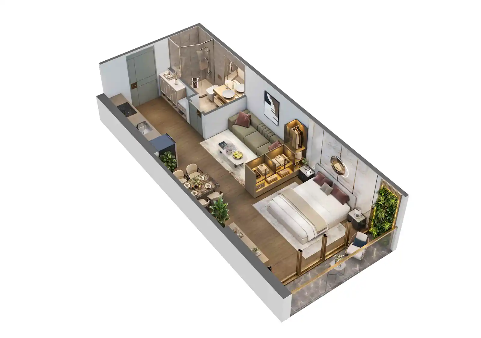 Phương án thiết kế căn hộ 1 phòng ngủ khoảng 60 m² tại NobleX Starlake Crown.
